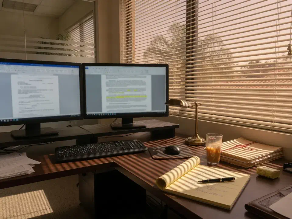 Law firm associate workstation with dual monitors and a legal pad