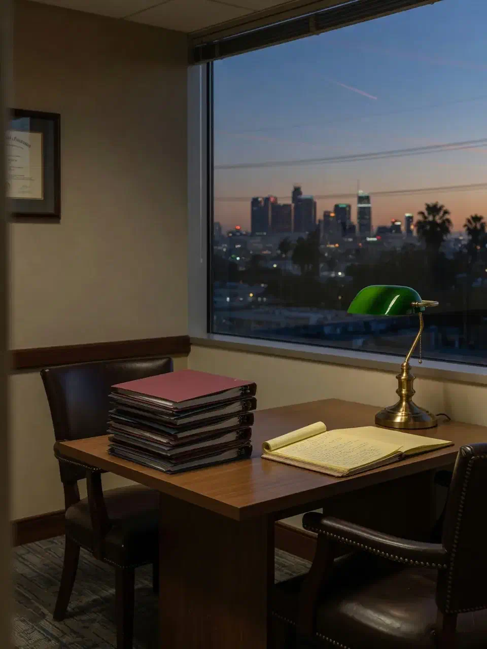 Law firm side conference nook at dusk with stacked matter binders