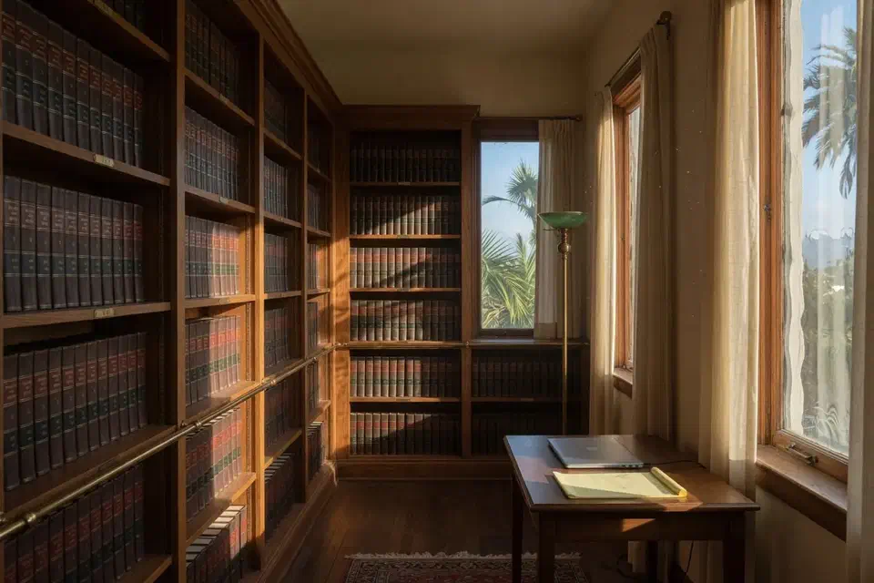 Law firm library annex with bound volumes and a closed laptop