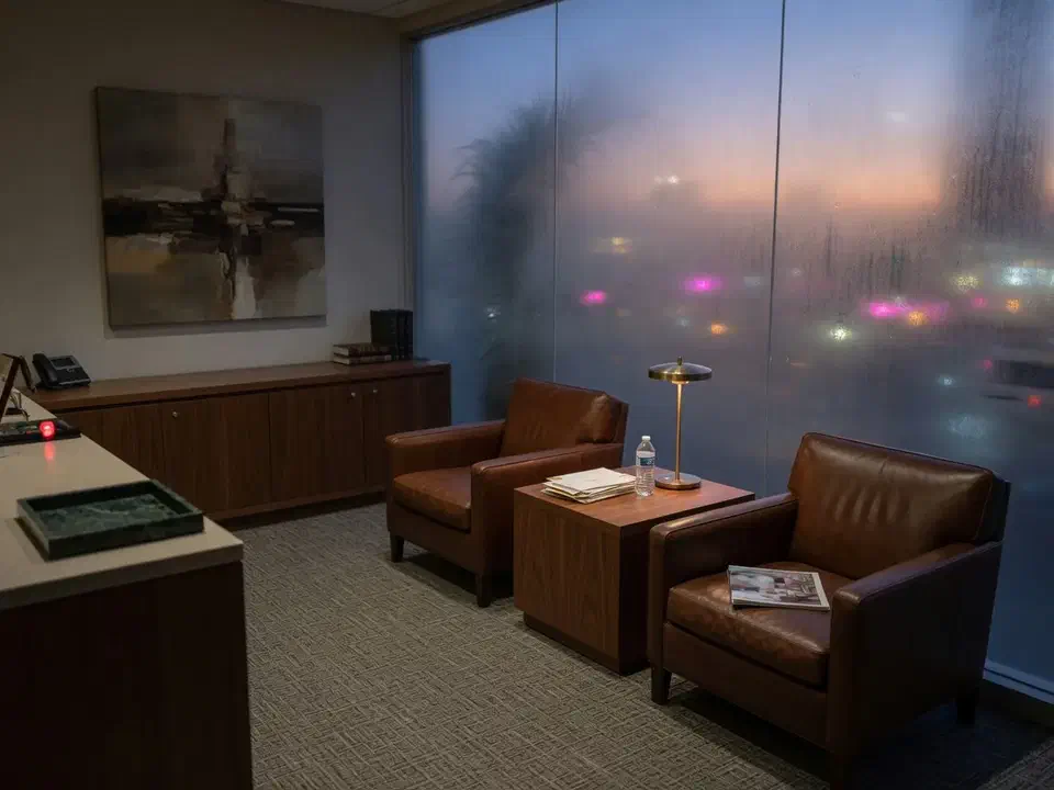 Law firm reception waiting area at dusk
