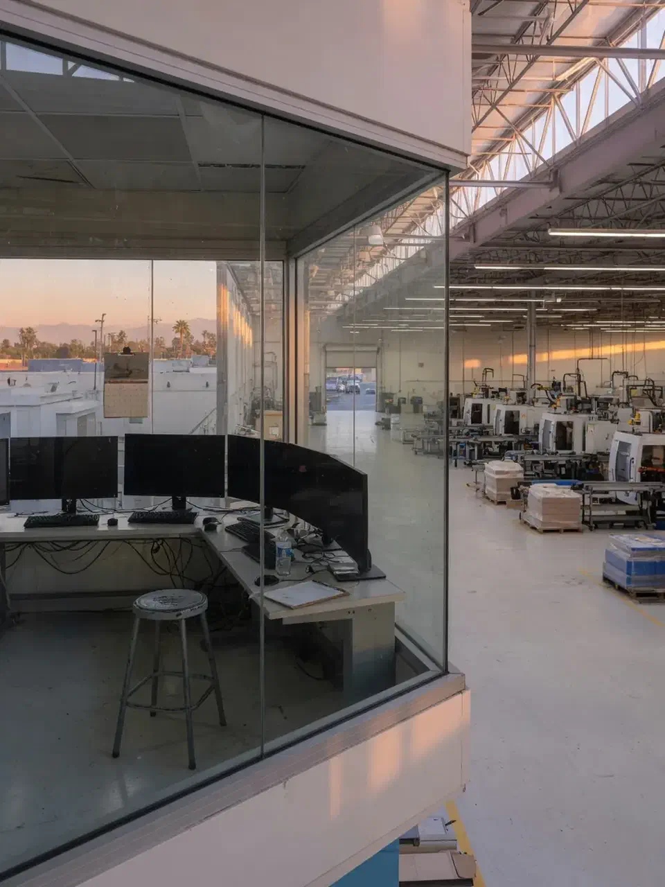 Glass plant control room looking onto a quiet factory floor