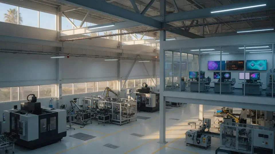 Clean Southern California manufacturing plant with a glass control room