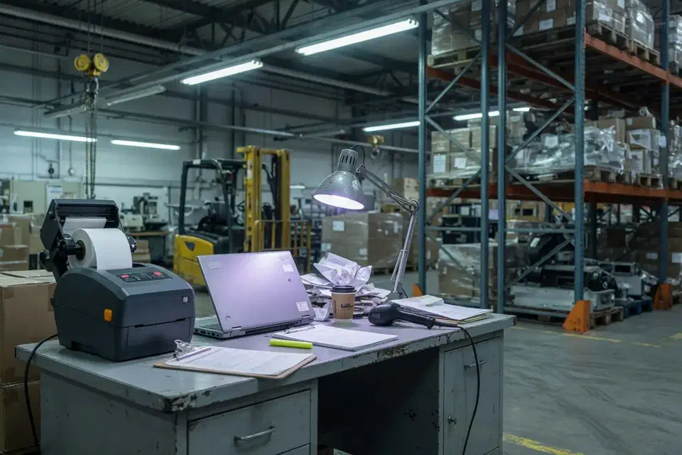 Manufacturing shipping desk beside a plant floor