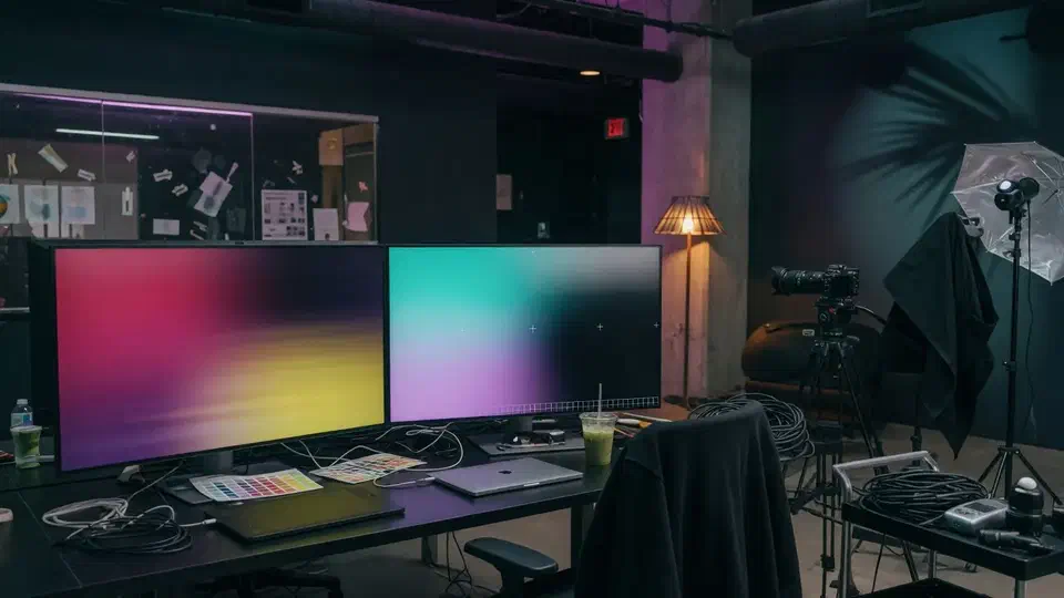 Los Angeles advertising studio with color-graded monitors and camera equipment