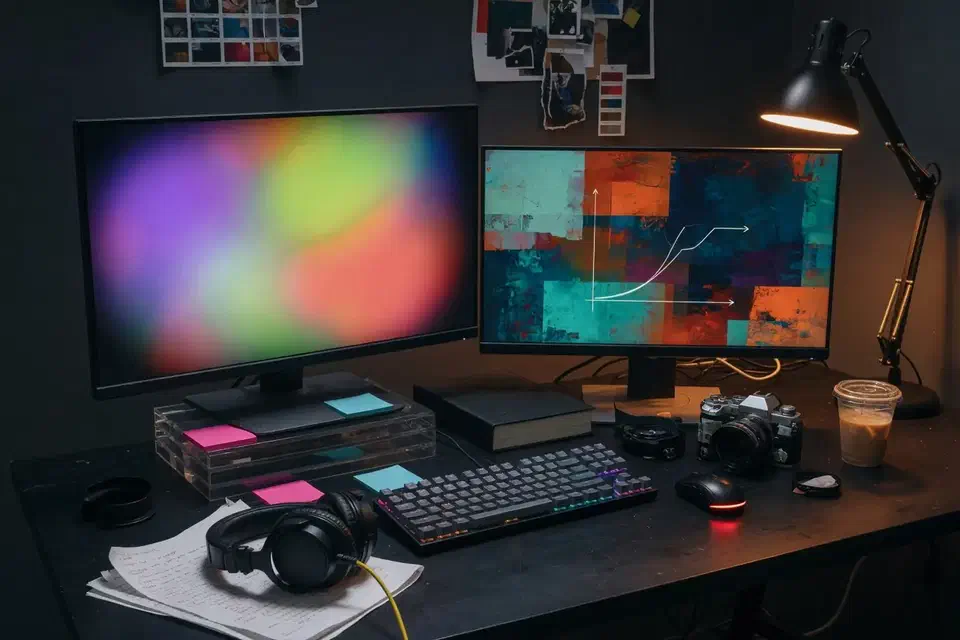 Creative agency edit desk with color-graded monitors