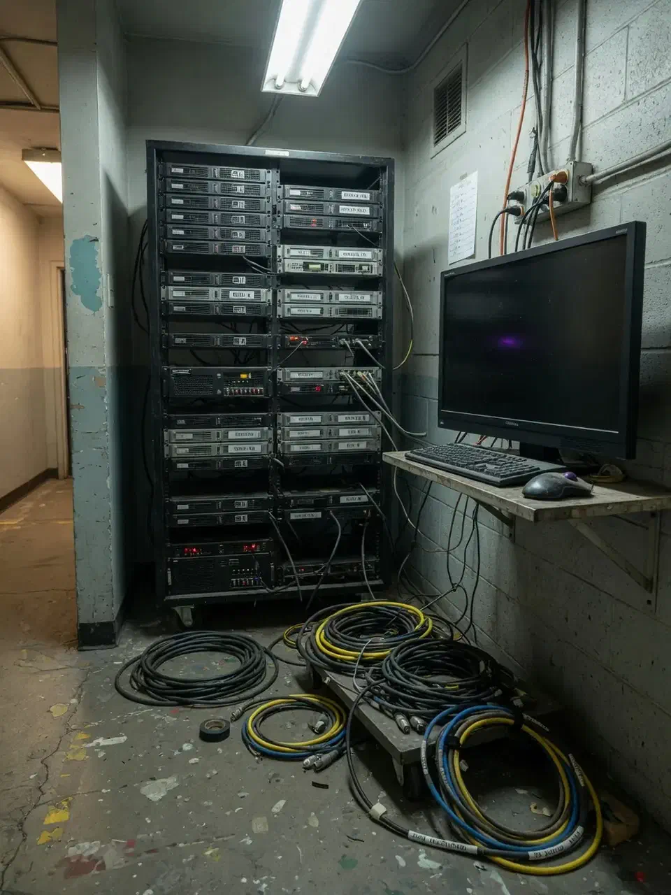 Studio RAID rack and cable coils in a Los Angeles production closet