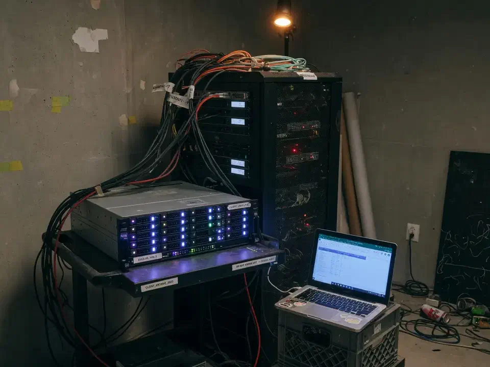 Studio RAID and storage shelf in an advertising office