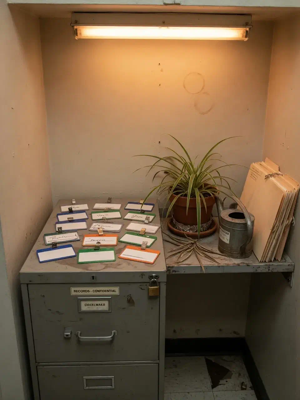 Nonprofit records alcove with a locked cabinet and volunteer badges