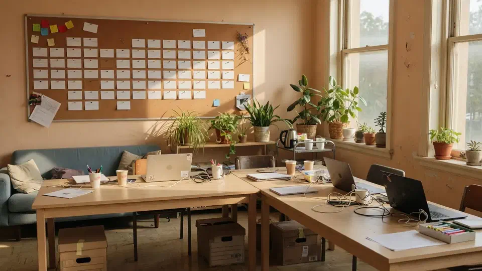 Warm nonprofit community office with shared tables and laptops
