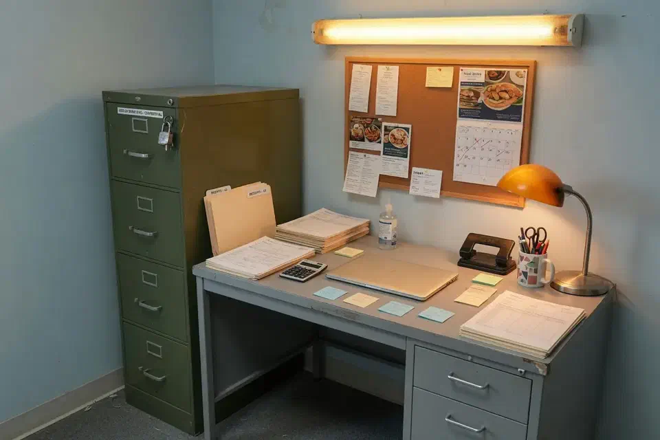 Nonprofit records desk with a locked cabinet and closed laptop