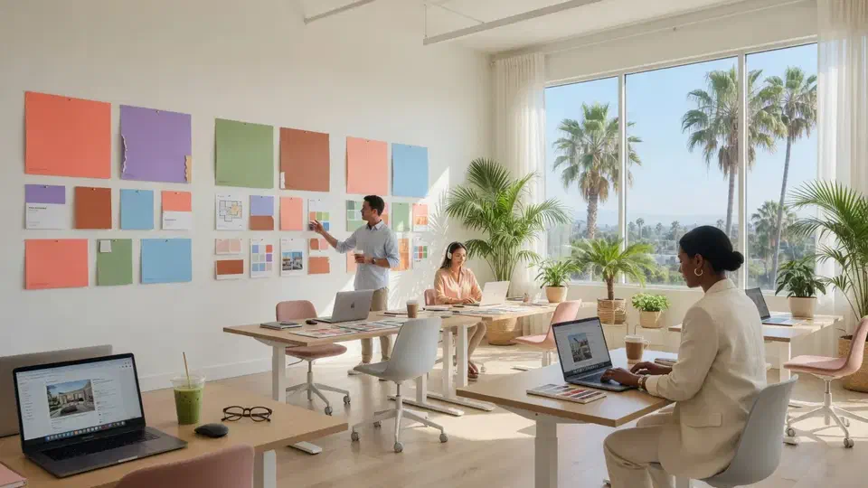 Bright Los Angeles real estate brokerage with standing desks and large windows