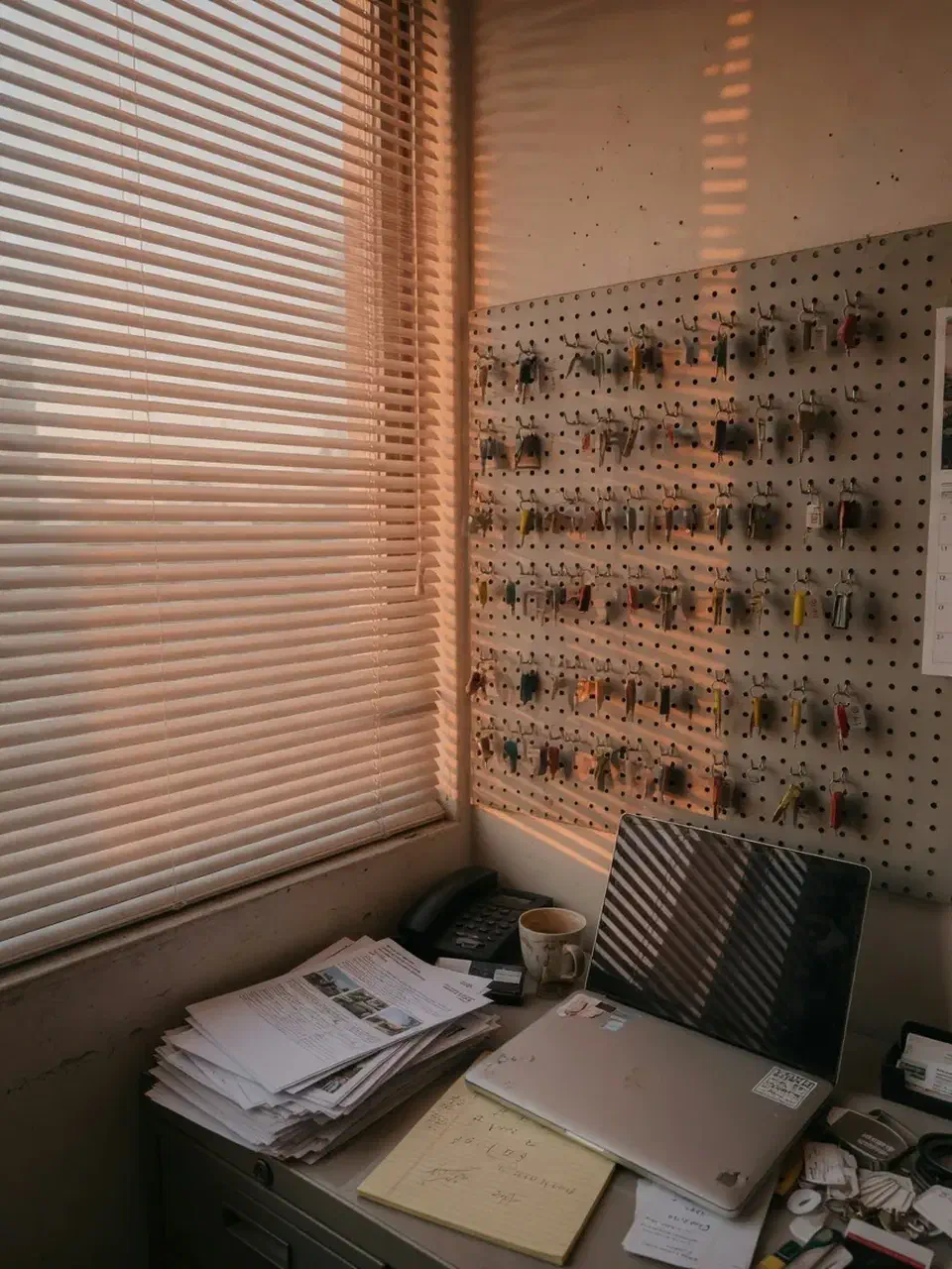 Brokerage back office with a key wall and closed laptop