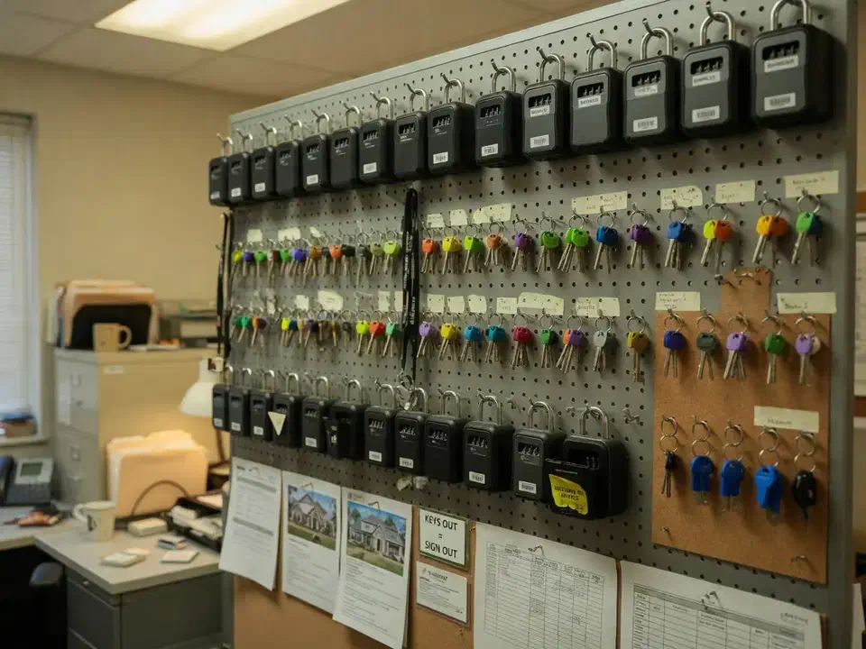Brokerage back office key and lockbox wall