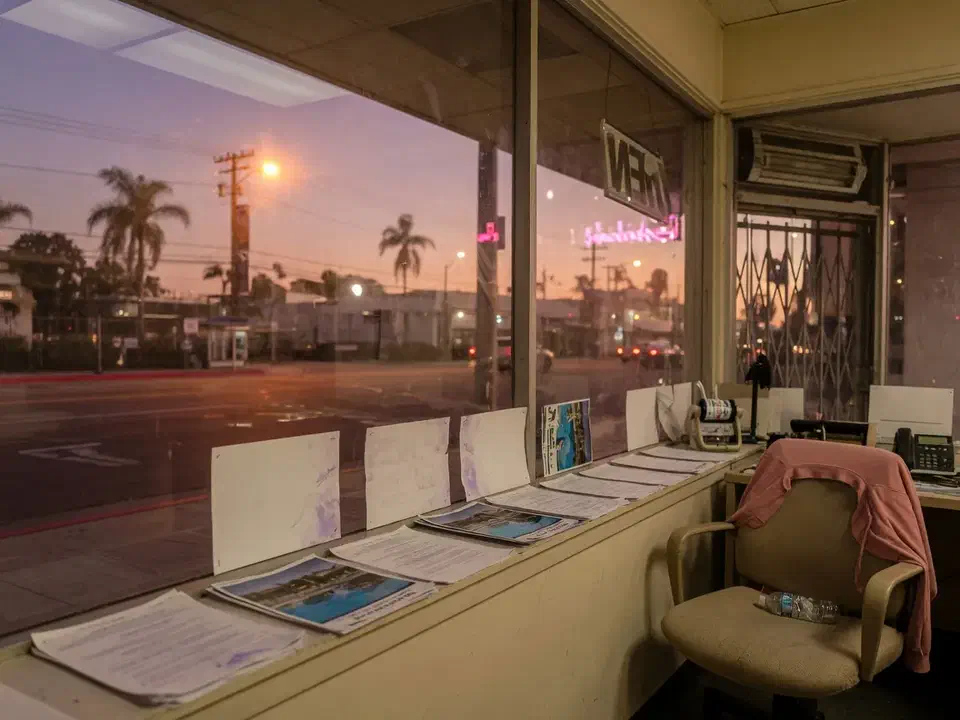 Real estate storefront interior at dusk