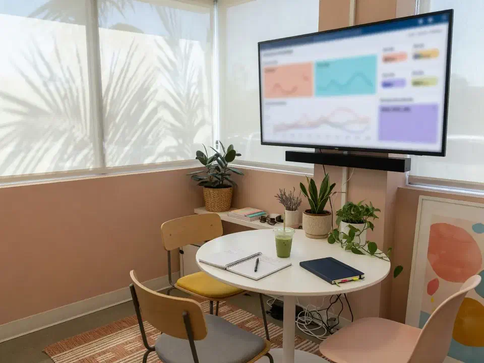Small-business huddle nook with a display and notebooks