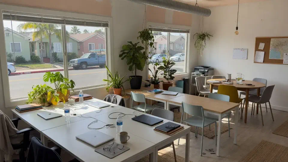 Bright Southern California small-business office with shared desks and plants