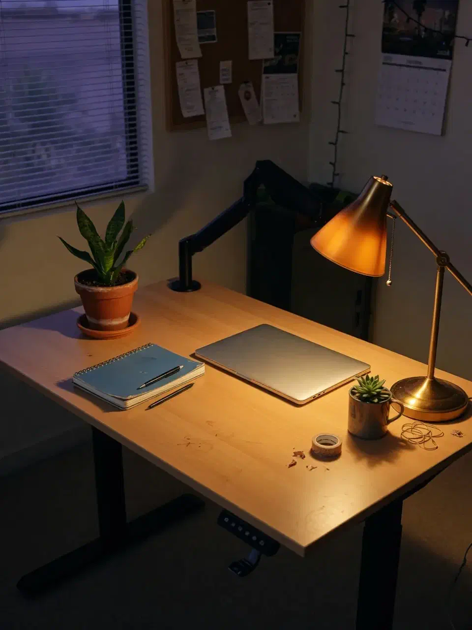 Small-business owner desk after hours with a closed laptop