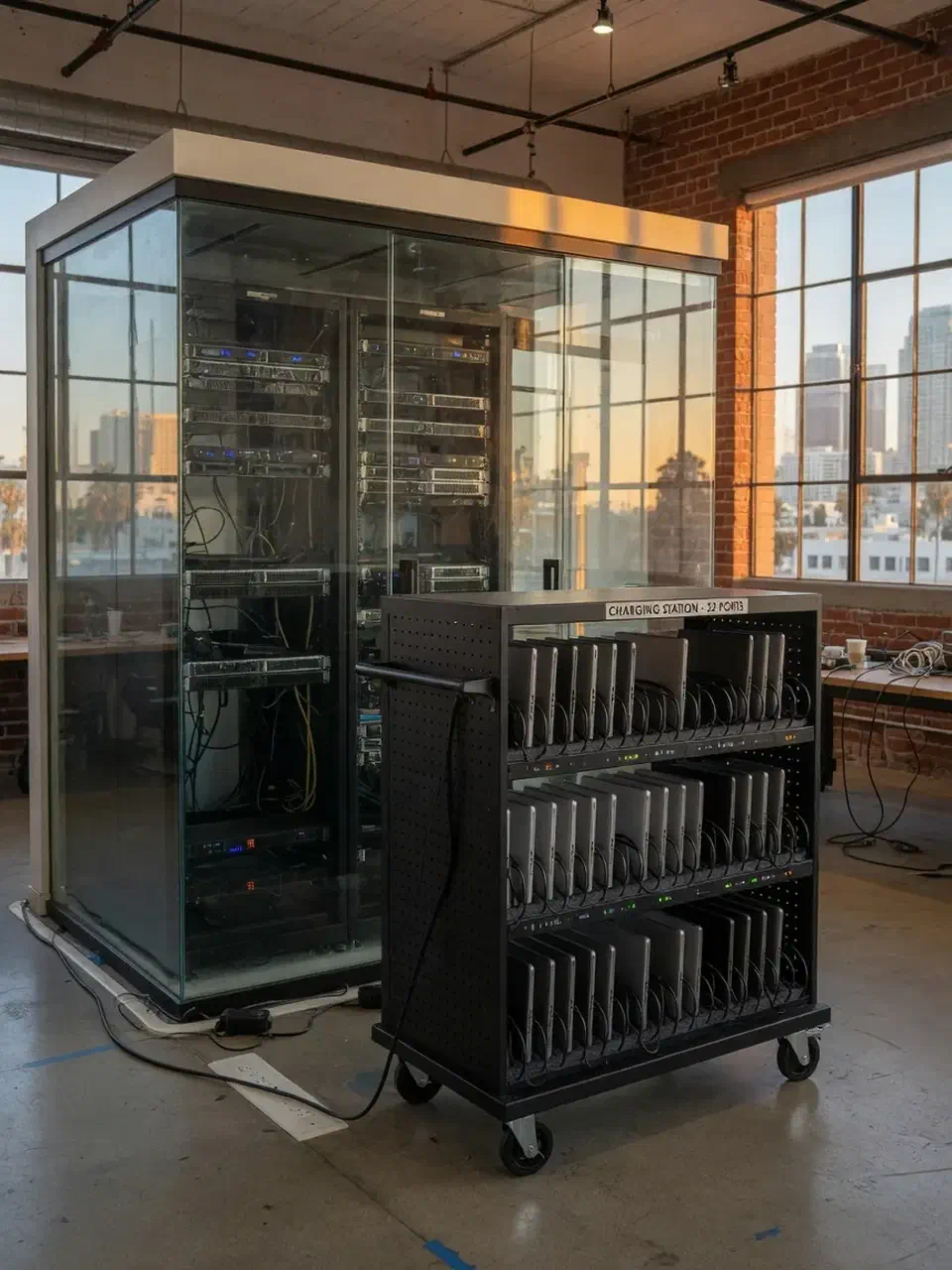 Startup laptop charging cart beside a glass server closet