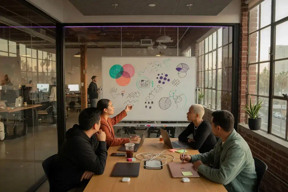 Startup huddle room with a glass wall and closed laptops