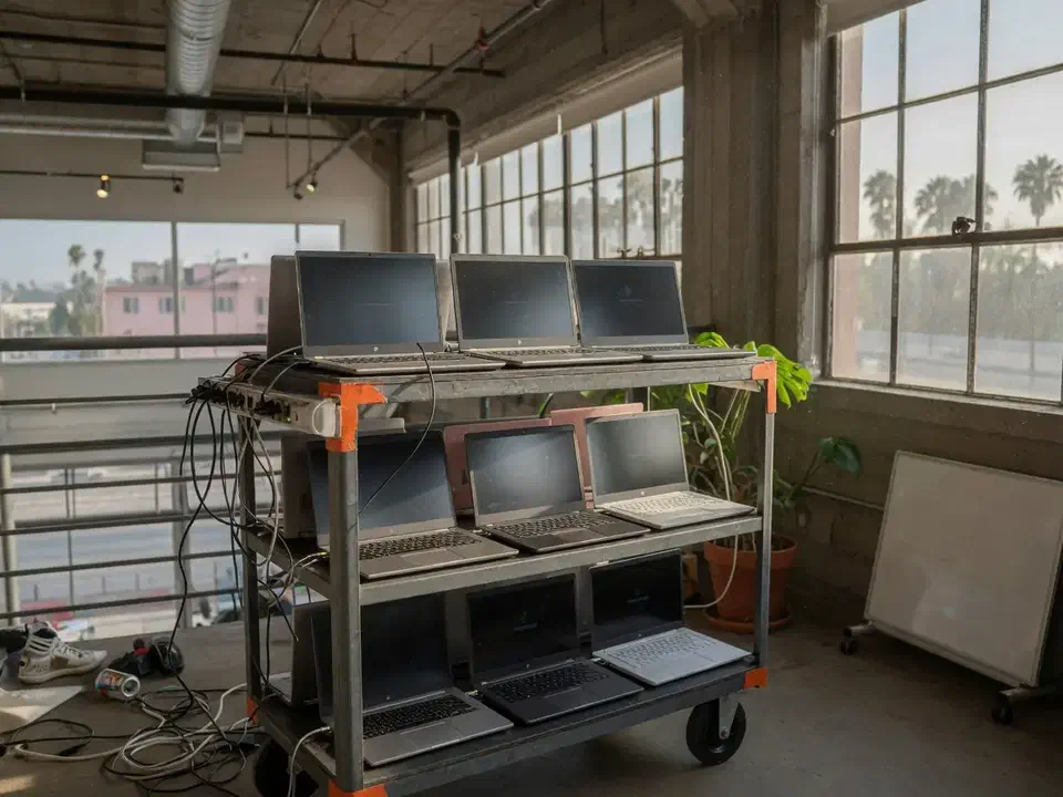 Startup laptop fleet on a charging cart
