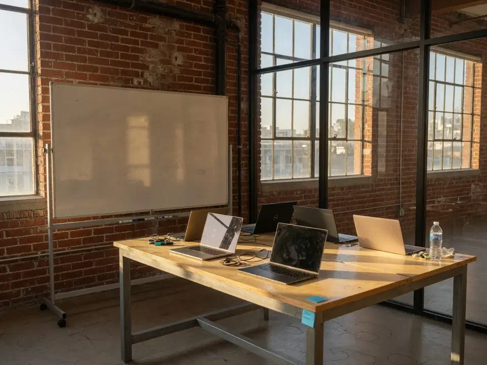 Startup standup table and blank whiteboard in a loft