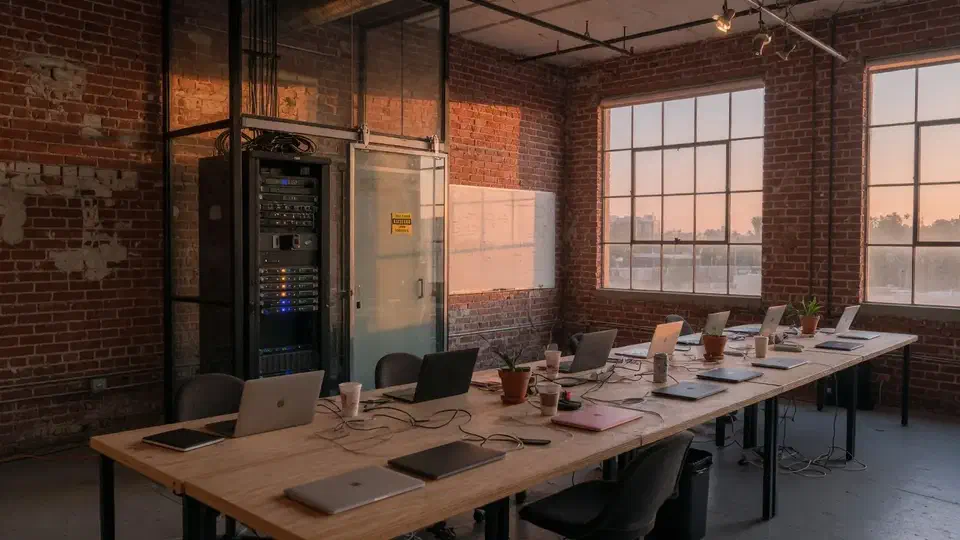 Downtown Los Angeles startup loft with a communal table and a glass server closet