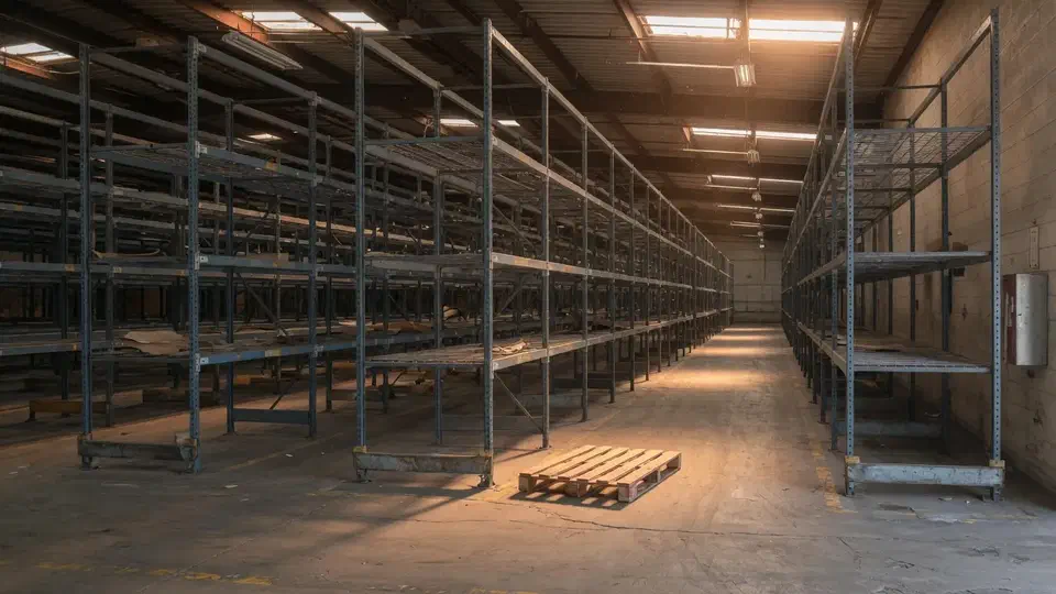 Southern California warehouse aisle with empty racking and skylight