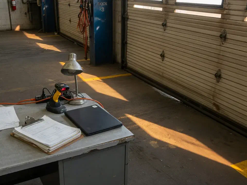 Warehouse shipping desk beside a roll-up dock door