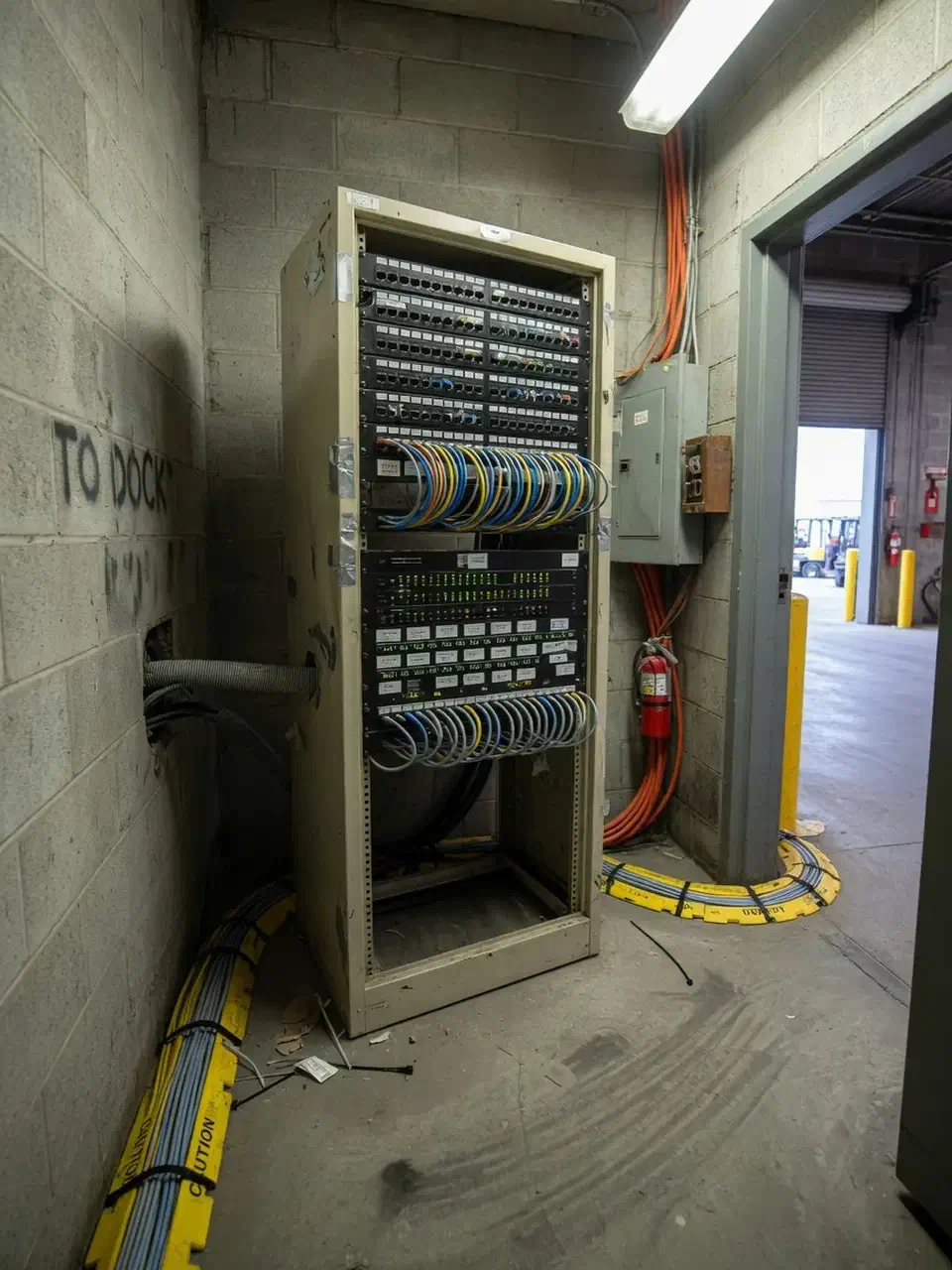 Warehouse network rack near a dock hallway