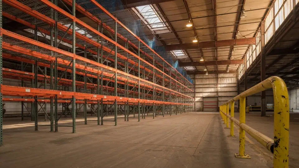 Warehouse pallet racking with a yellow safety rail