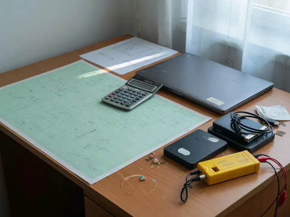 Planning desk with a calculator, unlabeled drives, a cable tester, and graph paper