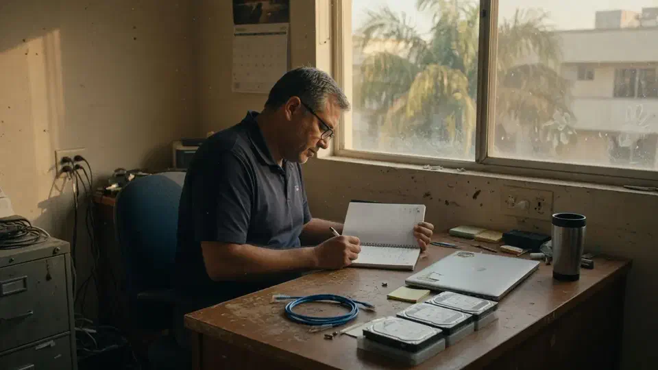 IT engineer planning storage at a desk with hard drives, a notebook, and an ethernet cable